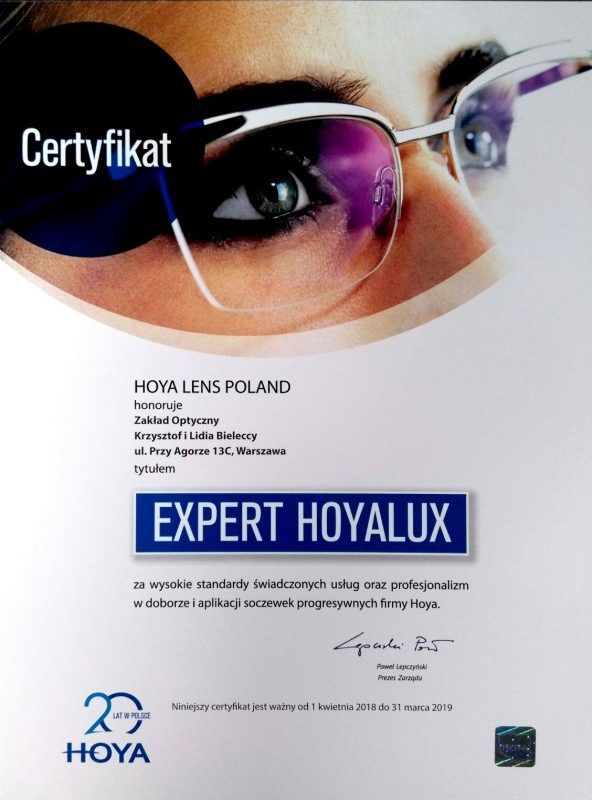 Certyfikat HOYA LENS POLAND z tytułem Expert Hoyalux dla Zakładu Optycznego L.K. Bieleccy